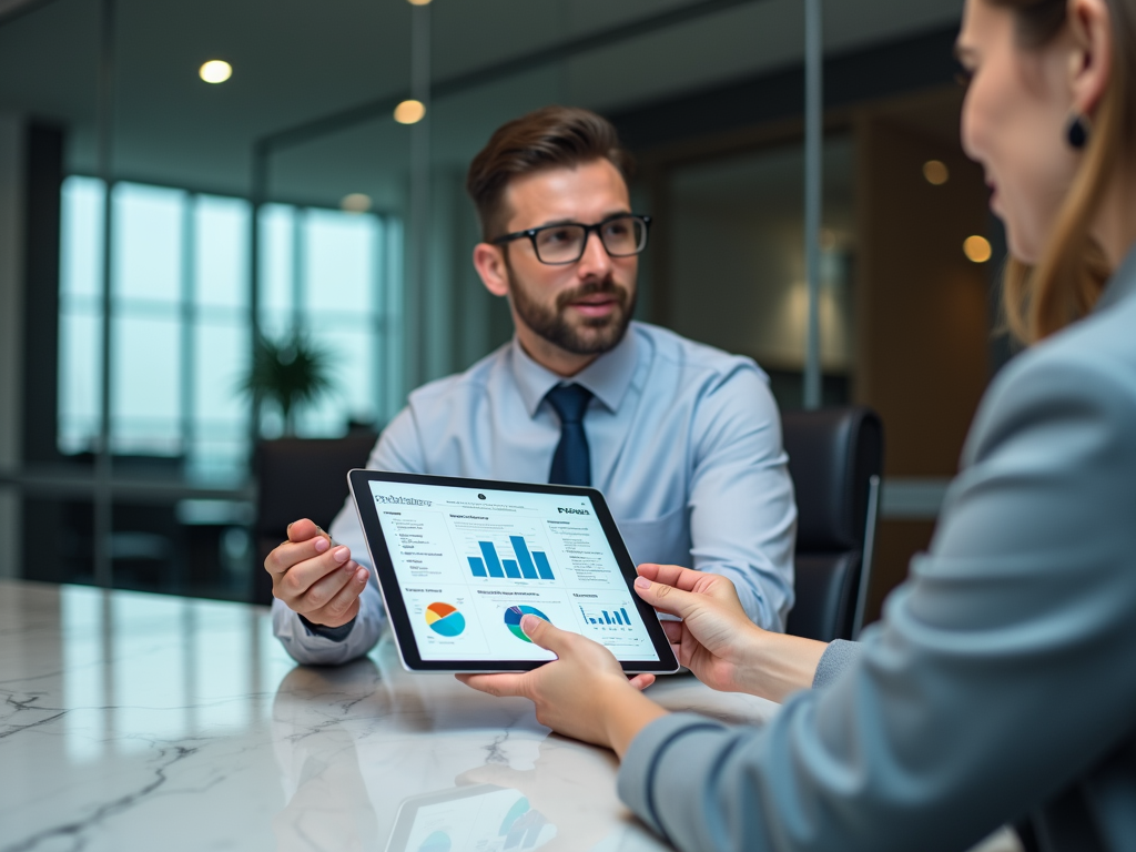 Two professionals sit at a table, discussing data displayed on a tablet. Charts and graphs are visible on the screen.