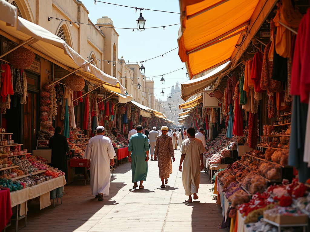 Vibrant market street with stalls covered by orange canopies and people walking.